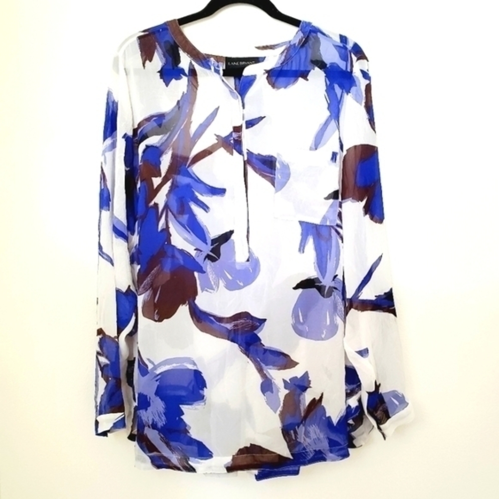 Lane Bryant Women's Chiffon Blue Abstract Floral Semisheer Blouse Popover Top